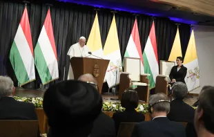 Pope Francis addresses civil authorities and other dignitaries at a former a Carmelite monastery in Budapest, Hungary, on April 28, 2023, on the first day of his three-day pilgrimage to the country. Credit: Vatican Media