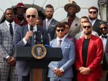 President Joe Biden welcomes the Kansas City Chiefs to the White House in Washington, D.C., June 5, 2023. Chiefs kicker Harrison Butker (back row, center) wore a tie with a pro-life message on it.