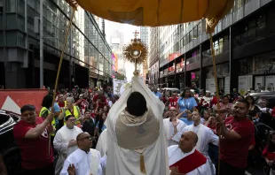 Thousands of people gathered in Times Square for a eucharistic procession in New York City on May 27, 2023. Credit: Jeffrey Bruno/CNA