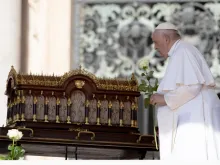 Pope Francis prayed before a relic of St. Therese of Lisieux at the beginning of his general audience in St. Peter's Square, and shortly before going to the hospital for an abdominal surgery, on June 7, 2023.