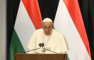 Pope Francis addresses civil authorities and other dignitaries at a former a Carmelite monastery in Budapest, Hungary, on April 28, 2023, on the first day of his three-day pilgrimage to the country. Vatican Media