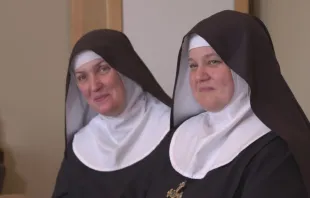 Sister Scholastica Radel (left) and Mother Abbess Cecilia Snell of the Benedictines of Mary, Queen of Apostles, discuss the recent exhumation of the order's foundress, Sister Wilhelmina Lancaster, in an interview with EWTN News In Depth on May 30, 2023, at their abbey in Gower, Missouri. EWTN News